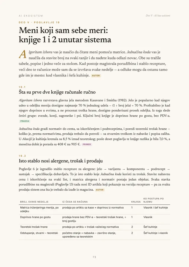 Strana iz poglavlja 19: knjige 1 i 2 unutar sistema, brojevi koje sistem računa svake nedelje