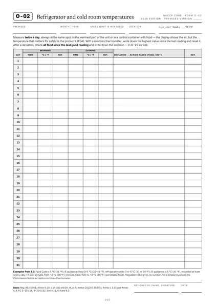Form O-02, Refrigerator and cold room temperatures