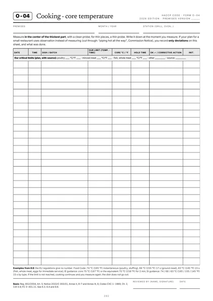 Form O-04, Cooking, core temperature