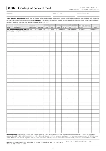 Form O-05, Cooling of cooked food