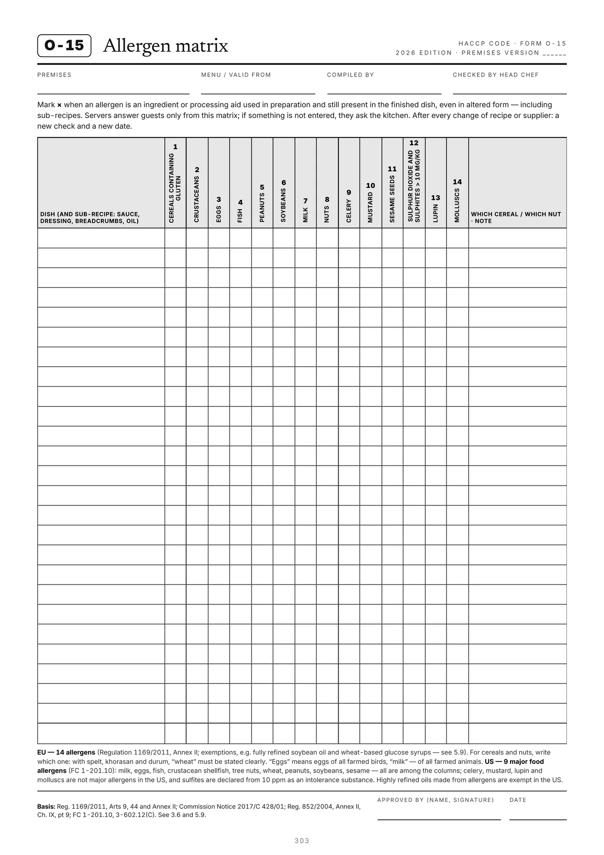 Form O-15: allergen matrix