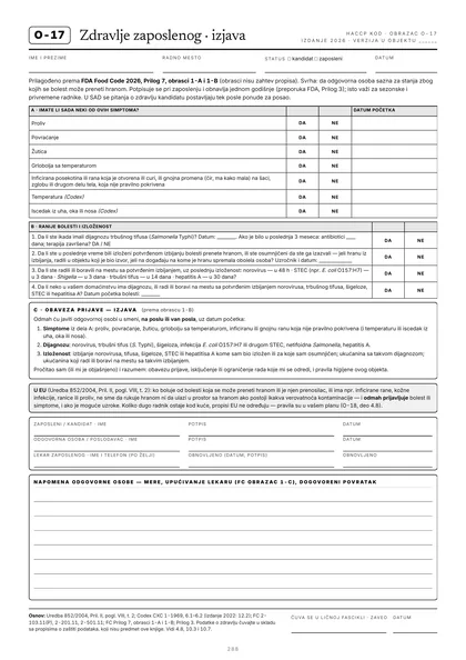 Obrazac O-17, Zdravlje zaposlenog, izjava