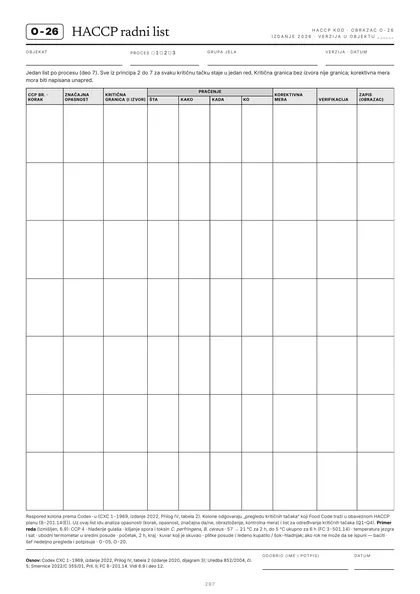 Obrazac O-26, HACCP radni list