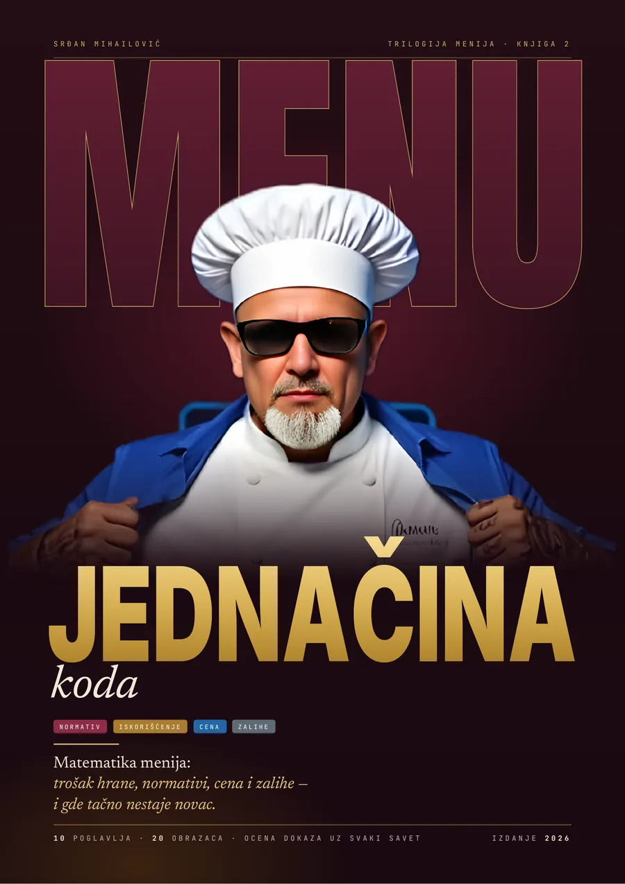 Korica knjige Jednačina koda: autor u kuvarskoj uniformi i kapi ispred velikog natpisa MENU, ispod njega naslov JEDNAČINA koda u zlatu