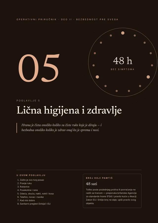 Strana 55 iz knjige: otvaranje poglavlja 5, Lična higijena i zdravlje, tamna strana sa spiskom tema i brojem 48 sati bez simptoma
