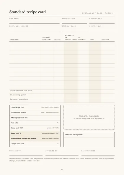 Form 1.1, Standard recipe card