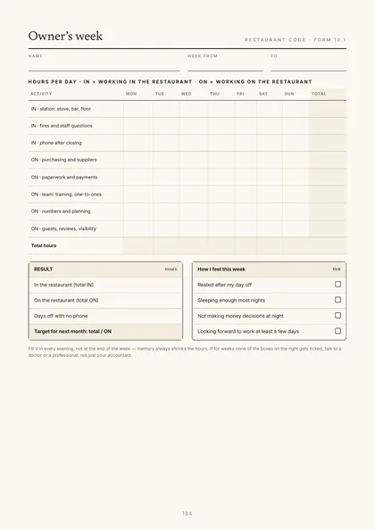 Form 10.1, Owner’s week