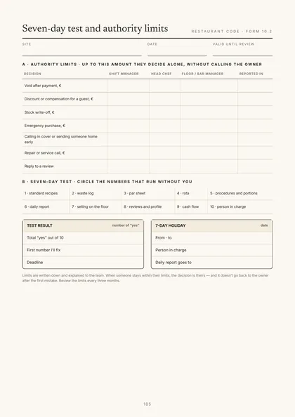 Form 10.2, Seven-day test and authority limits