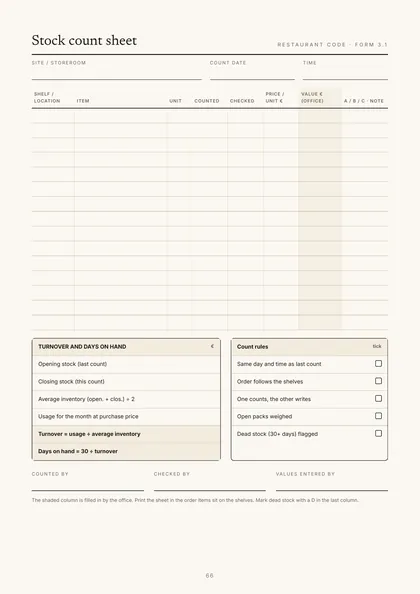 Form 3.1, Stock count sheet