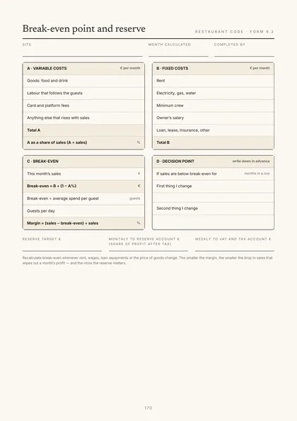 Form 9.2, Break-even point and reserve