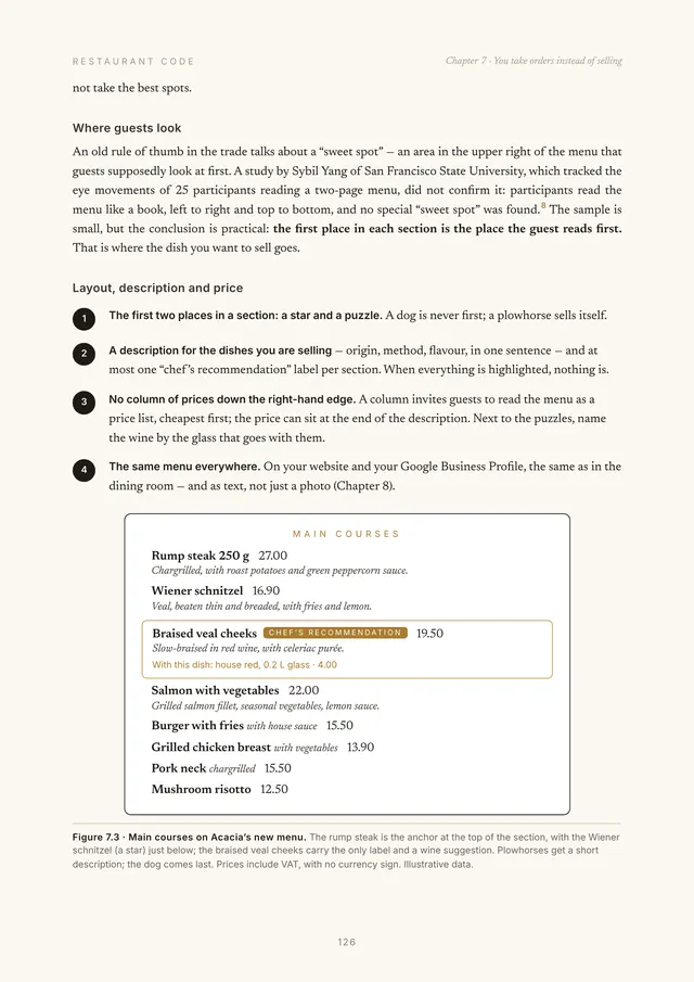 Page from Chapter 7: main courses on Acacia’s new menu and the section on layout, description and price