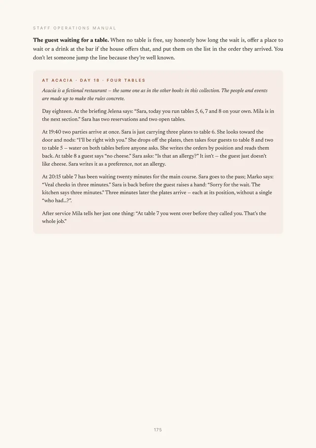 Page from Chapter 12 with the framed story At Acacia, Day 18, Four tables, under the rule about a guest waiting for a table