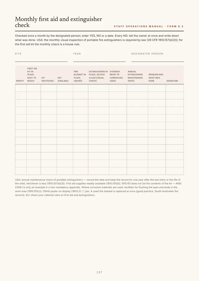 Form 8.2, Monthly first aid and extinguisher check, with a month-by-month grid to fill in