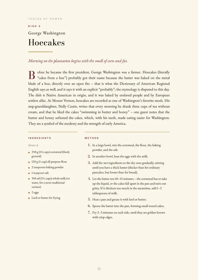 Dish 2, George Washington’s Hoecakes, with the ingredients and the method set in two columns