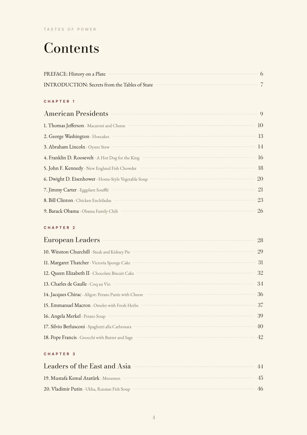 The contents page, listing all 37 dishes by chapter with their page numbers