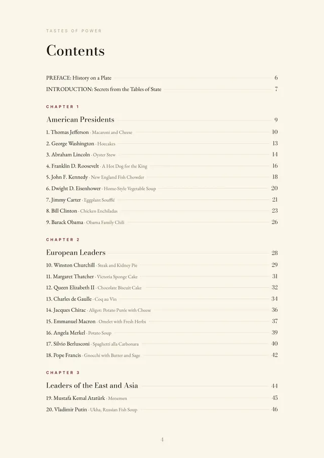 The book’s contents page, listing all 37 dishes grouped by chapter with their page numbers