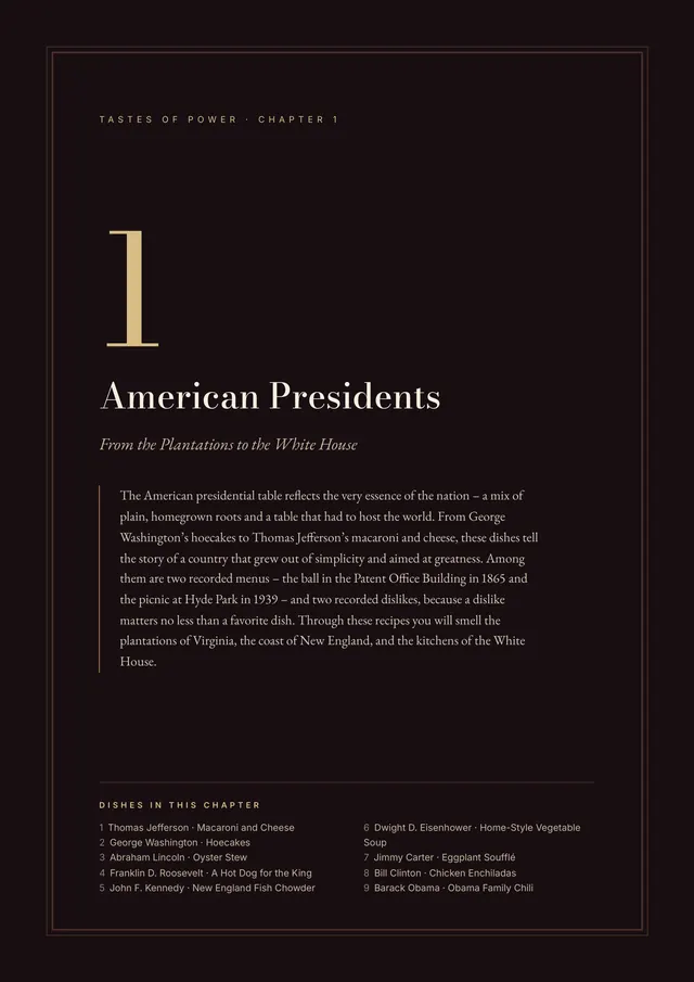 The dark opening page of Chapter 1, “American Presidents,” with its introduction and the list of dishes in the chapter