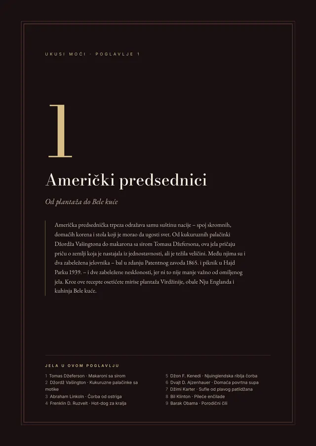 Strana 9 iz knjige: otvaranje prvog poglavlja Američki predsednici, tamna strana sa uvodnim tekstom i spiskom jela u poglavlju